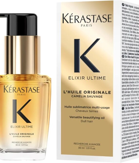 Kérastase Elixir Ultime Hair Oil, Nourishes Dull Hair, For All Hair Types, Strengthens and Protects Hair From Heat, With Argan and Camellia Oil, L’Huile Originale